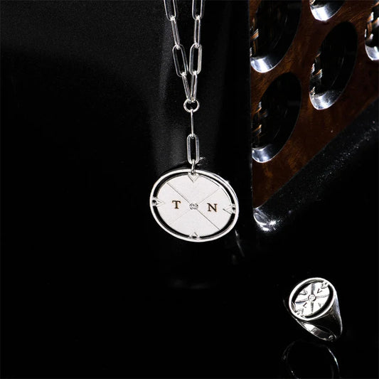 Personalized Initial Compass Paper Clip Chain Necklace with Diamond Accent