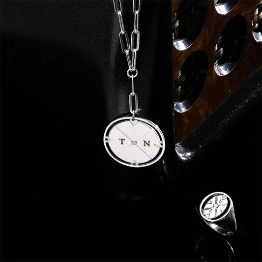 Personalized Initial Compass Paper Clip Chain Necklace with Diamond Accent