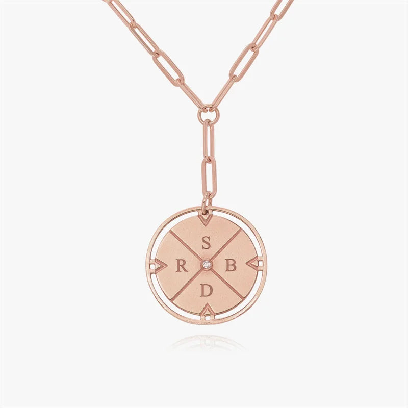 Personalized Initial Compass Paper Clip Chain Necklace with Diamond Accent
