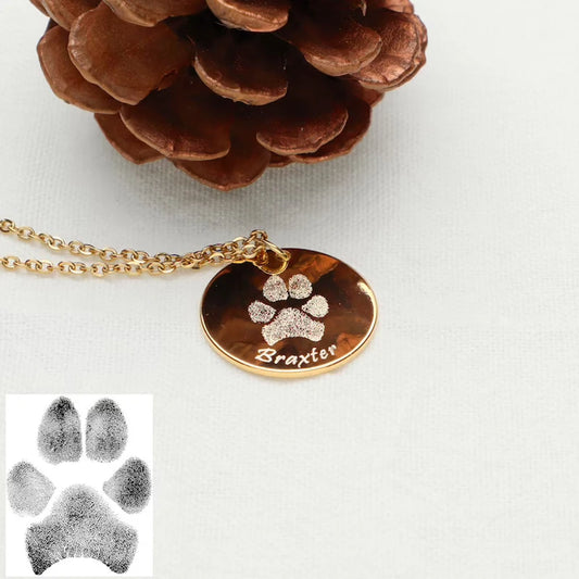 Personalized Engraved Paw Print Disc with Name Necklace