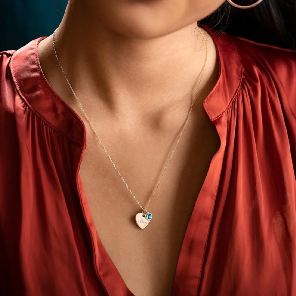 Personalized Birthstone & Name Double Heart Necklace
