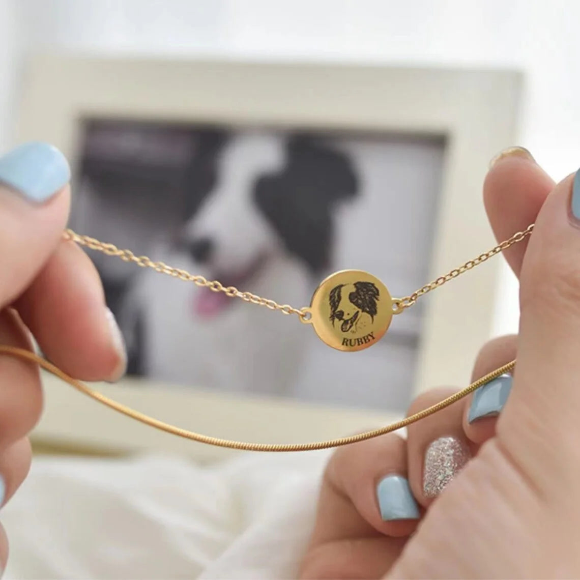 Personalized Pet Portrait Disc with Name Double-Chain Bracelet