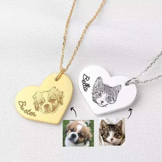 Personalized Engraved Pet Portrait with Name Heart Necklace