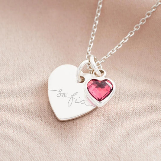 Personalized Birthstone & Name Double Heart Necklace