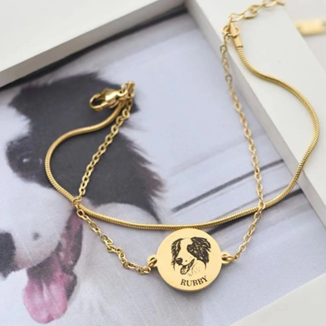 Personalized Pet Portrait Disc with Name Double-Chain Bracelet