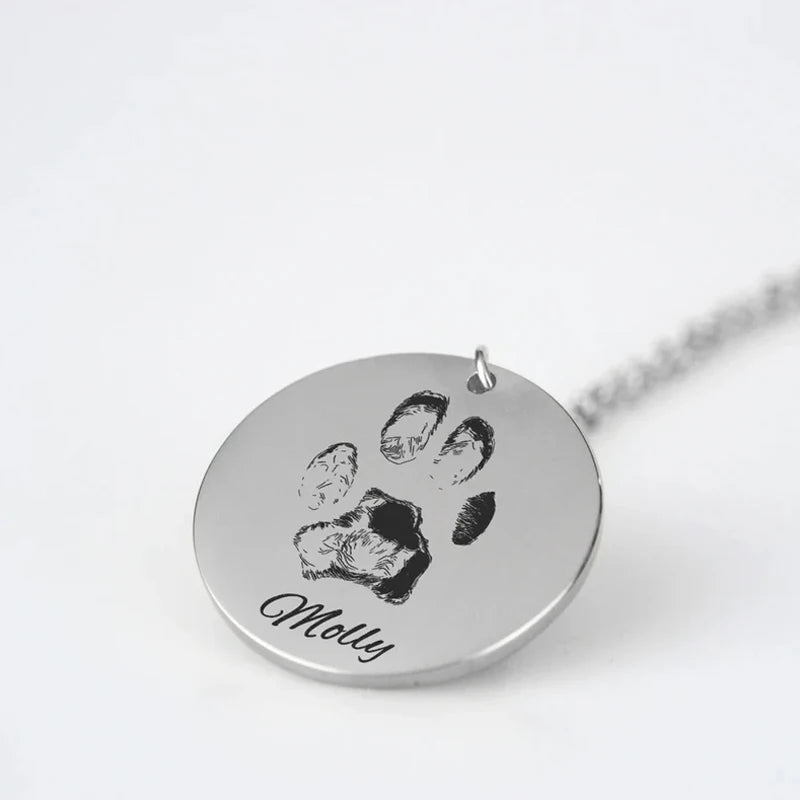Personalized Engraved Paw Print Disc with Name Necklace