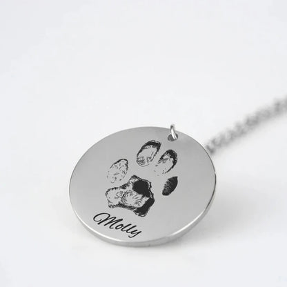 Personalized Engraved Paw Print Disc with Name Necklace