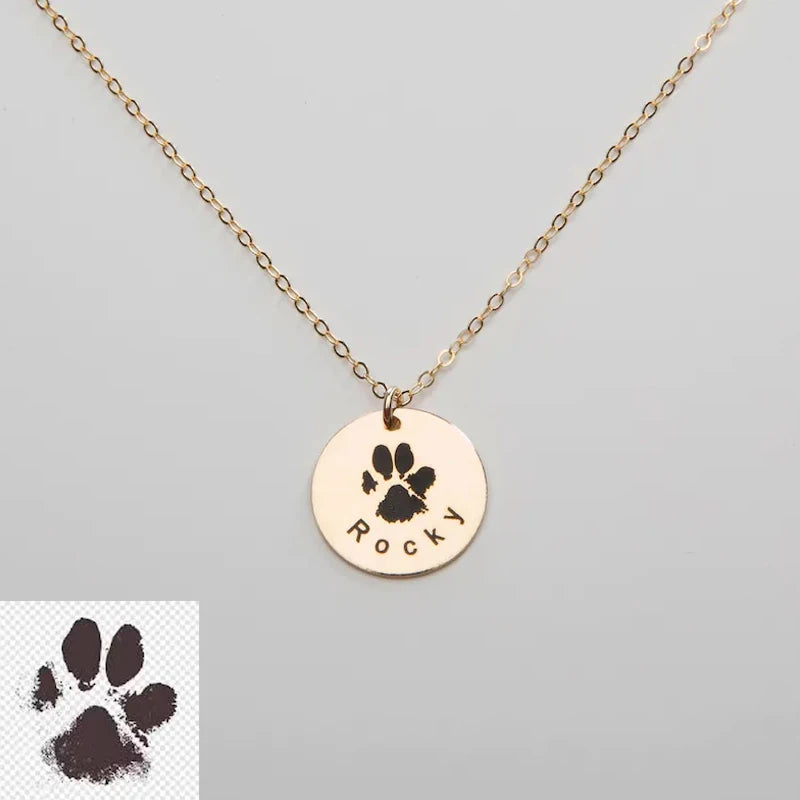 Personalized Engraved Paw Print Disc with Name Necklace