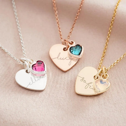 Personalized Birthstone & Name Double Heart Necklace