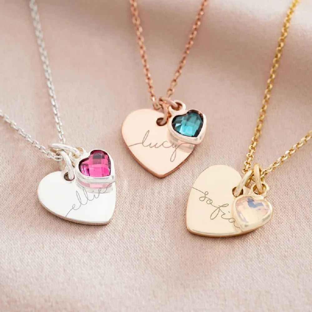 Personalized Birthstone & Name Double Heart Necklace