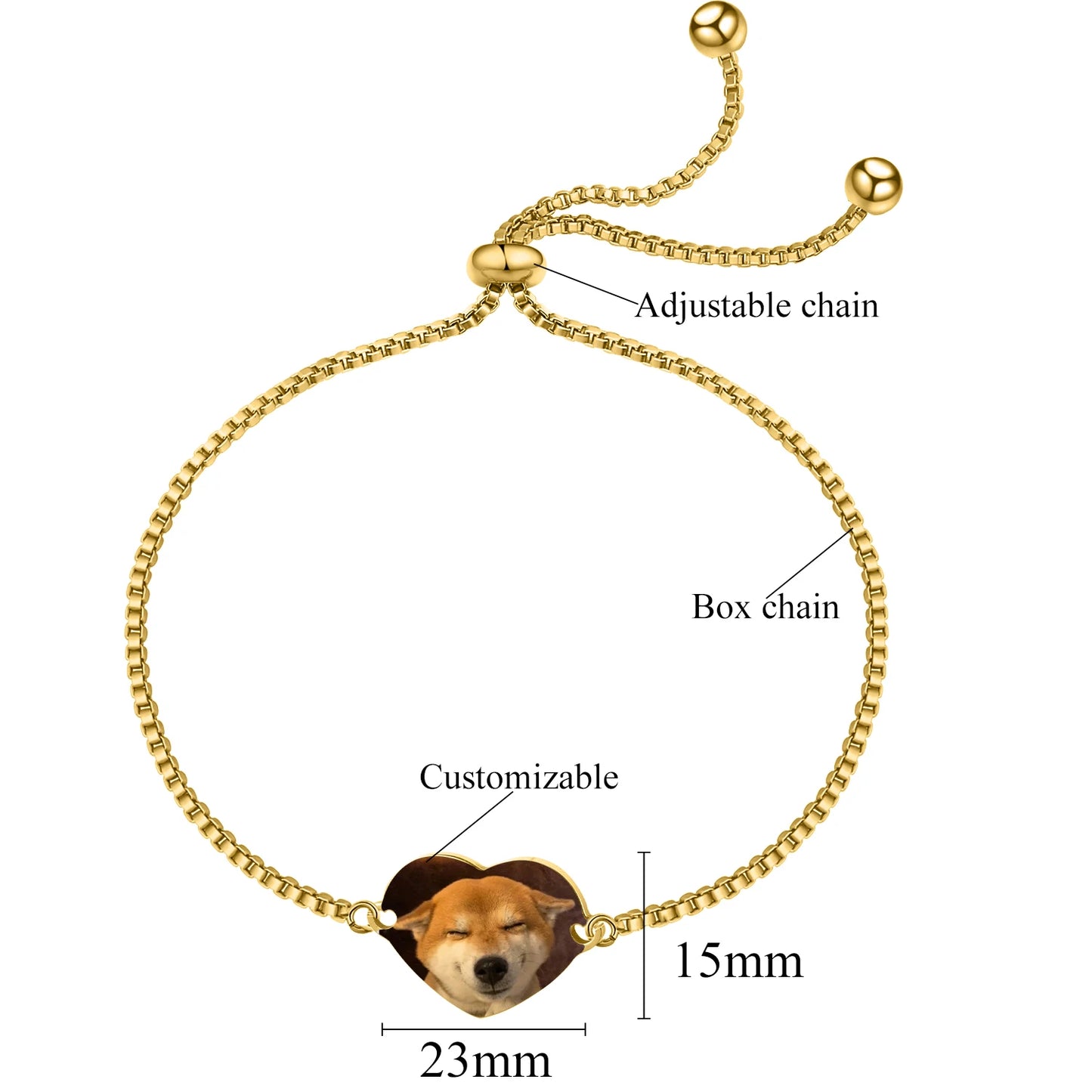 Personalized Color Portrait Heart with Name Slider Bracelet (Adjustable)