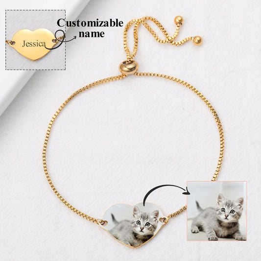 Personalized Color Portrait Heart with Name Slider Bracelet (Adjustable)