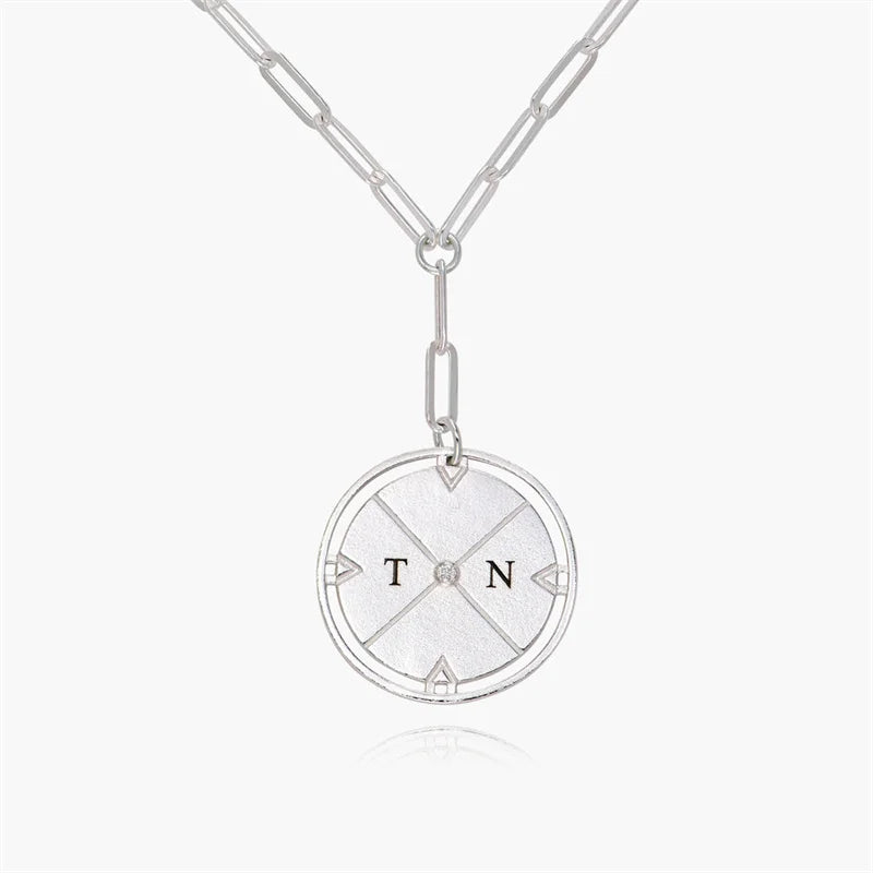 Personalized Initial Compass Paper Clip Chain Necklace with Diamond Accent