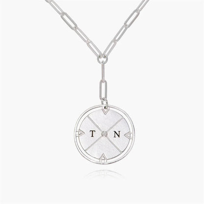Personalized Initial Compass Paper Clip Chain Necklace with Diamond Accent