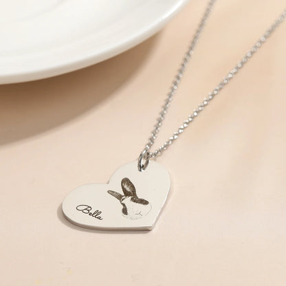 Personalized Engraved Pet Portrait with Name Heart Necklace