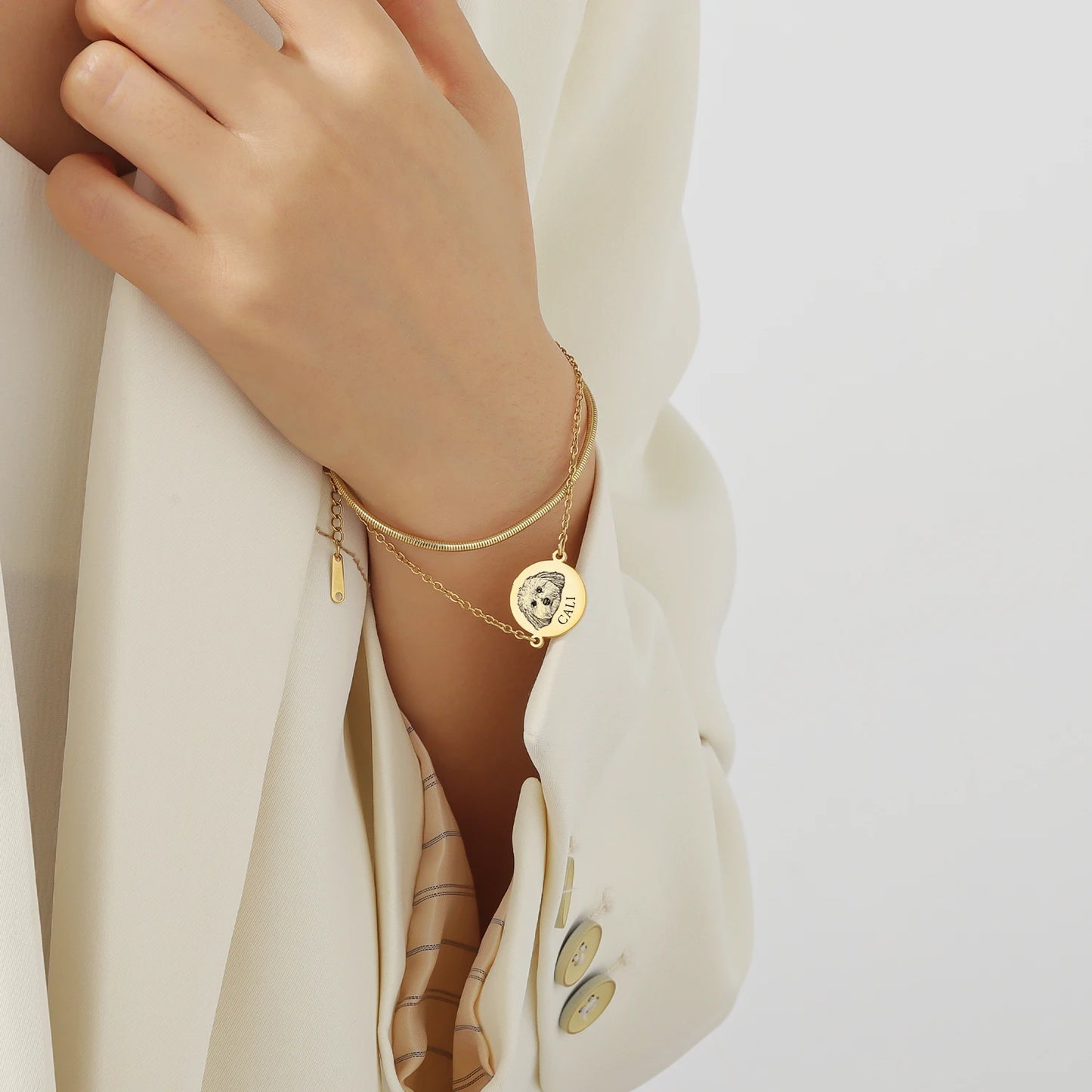 Personalized Pet Portrait Disc with Name Double-Chain Bracelet