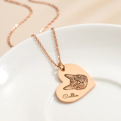 Personalized Engraved Pet Portrait with Name Heart Necklace