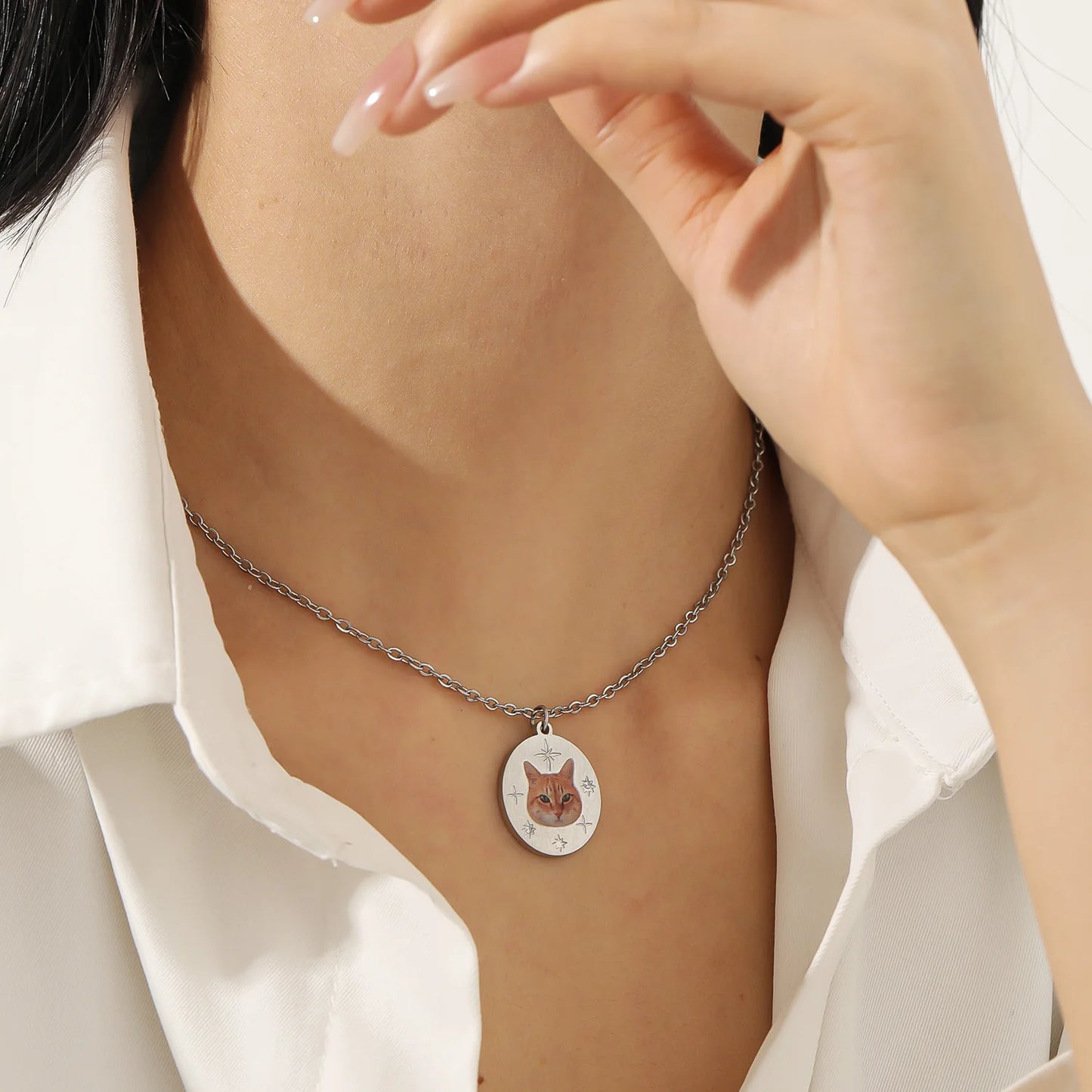 Personalized Celestial Engraved Color Pet Portrait Disc with Name Necklace