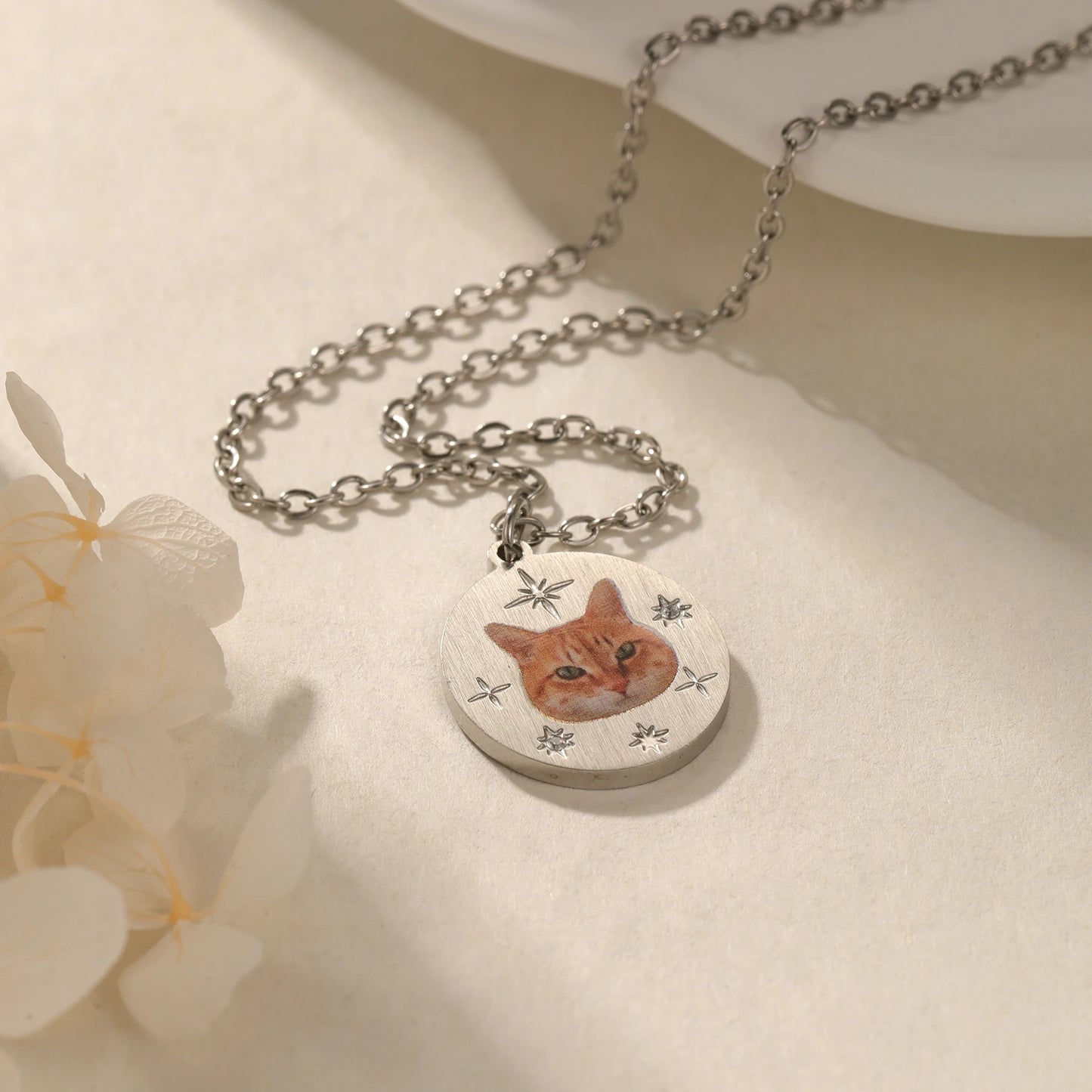 Personalized Celestial Engraved Color Pet Portrait Disc with Name Necklace