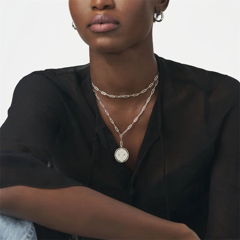 Personalized Initial Compass Paper Clip Chain Necklace with Diamond Accent