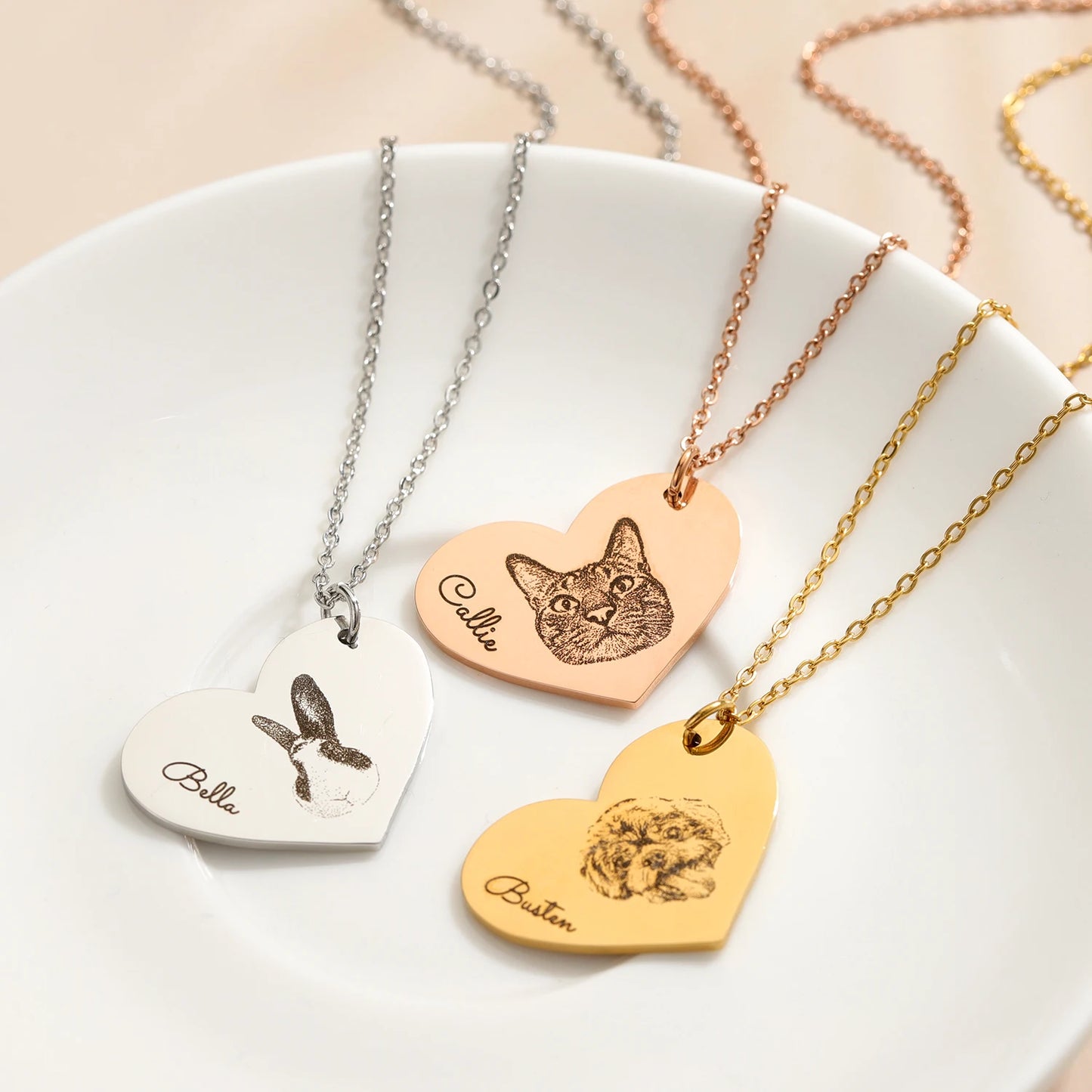 Personalized Engraved Pet Portrait with Name Heart Necklace