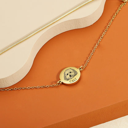 Personalized Pet Portrait Disc with Name Double-Chain Bracelet