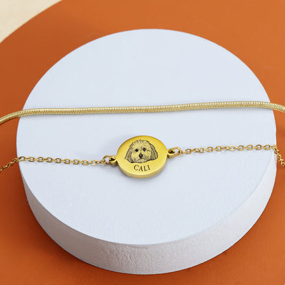 Personalized Pet Portrait Disc with Name Double-Chain Bracelet