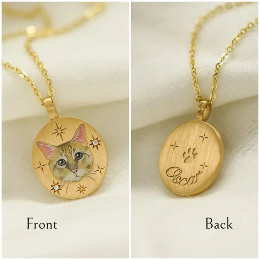 Personalized Celestial Engraved Color Pet Portrait Disc with Name Necklace