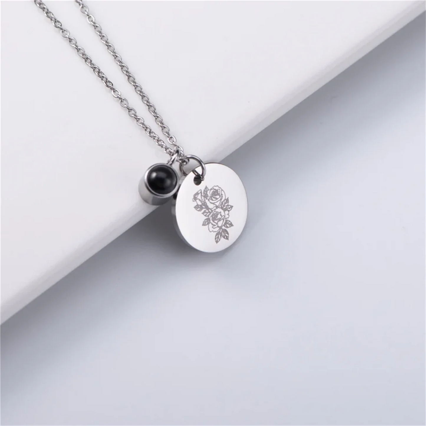 Personalized Photo Projection & Birth Flower Disc Necklace