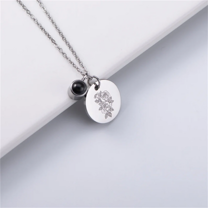 Personalized Photo Projection & Birth Flower Disc Necklace