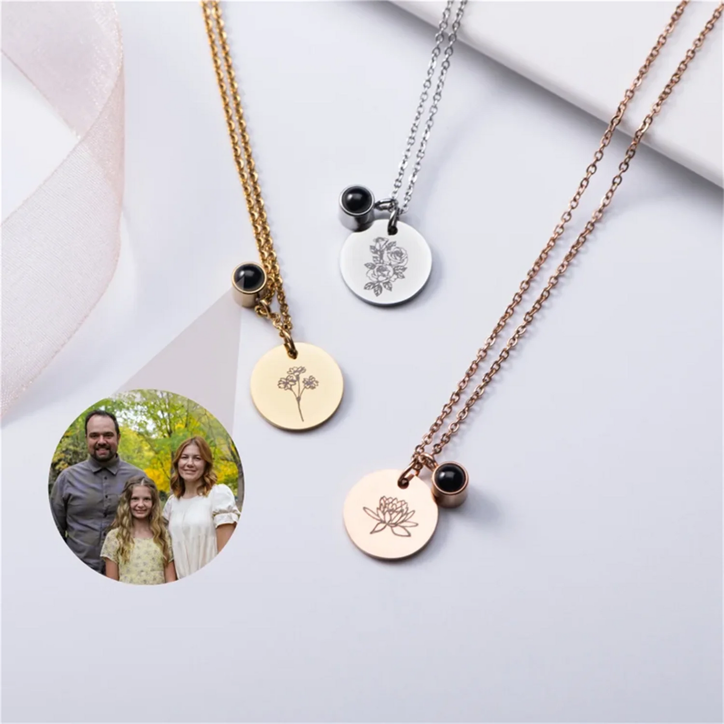 Personalized Photo Projection & Birth Flower Disc Necklace