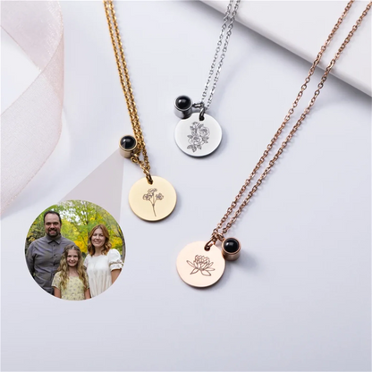 Personalized Photo Projection & Birth Flower Disc Necklace
