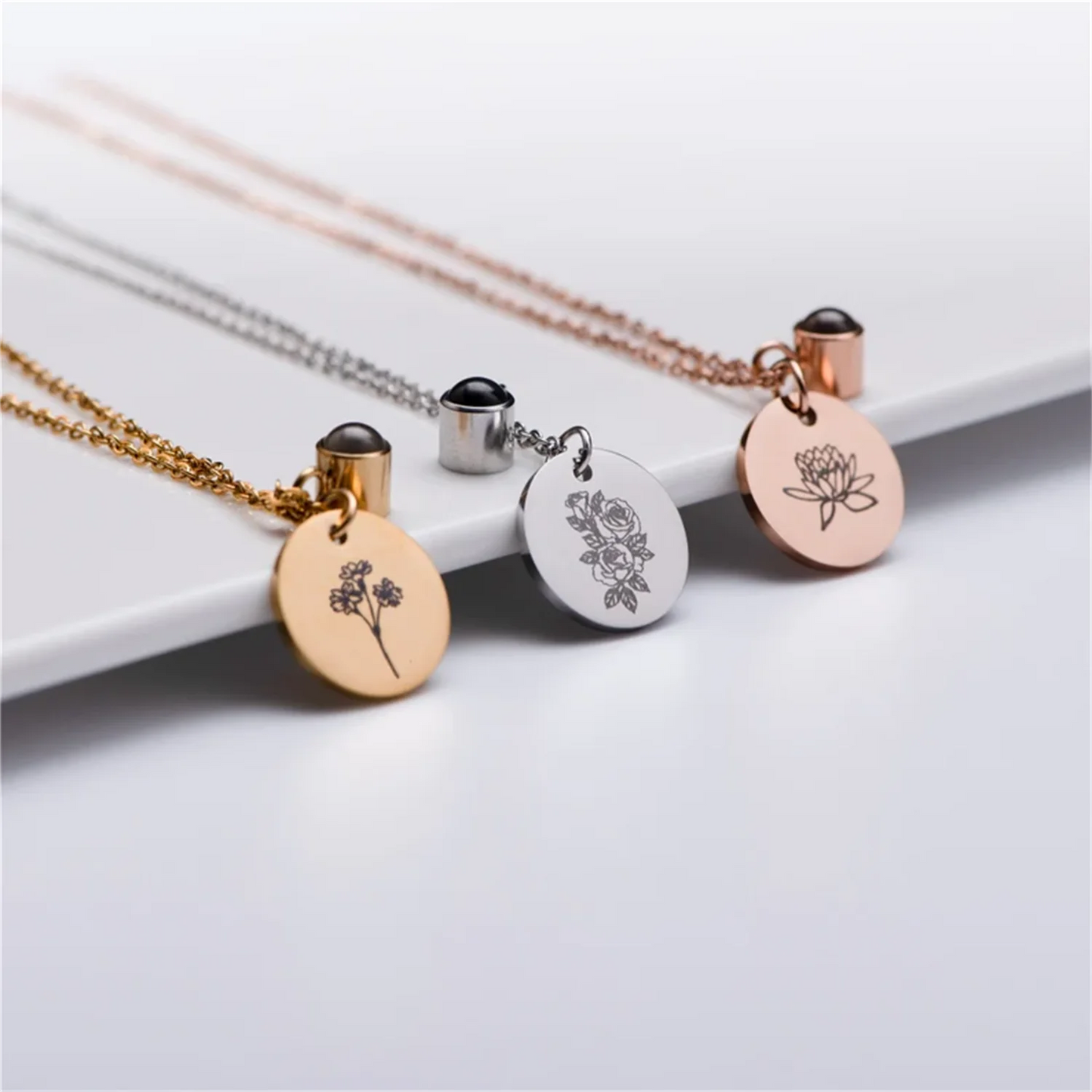 Personalized Photo Projection & Birth Flower Disc Necklace