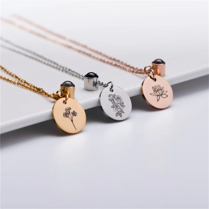 Personalized Photo Projection & Birth Flower Disc Necklace