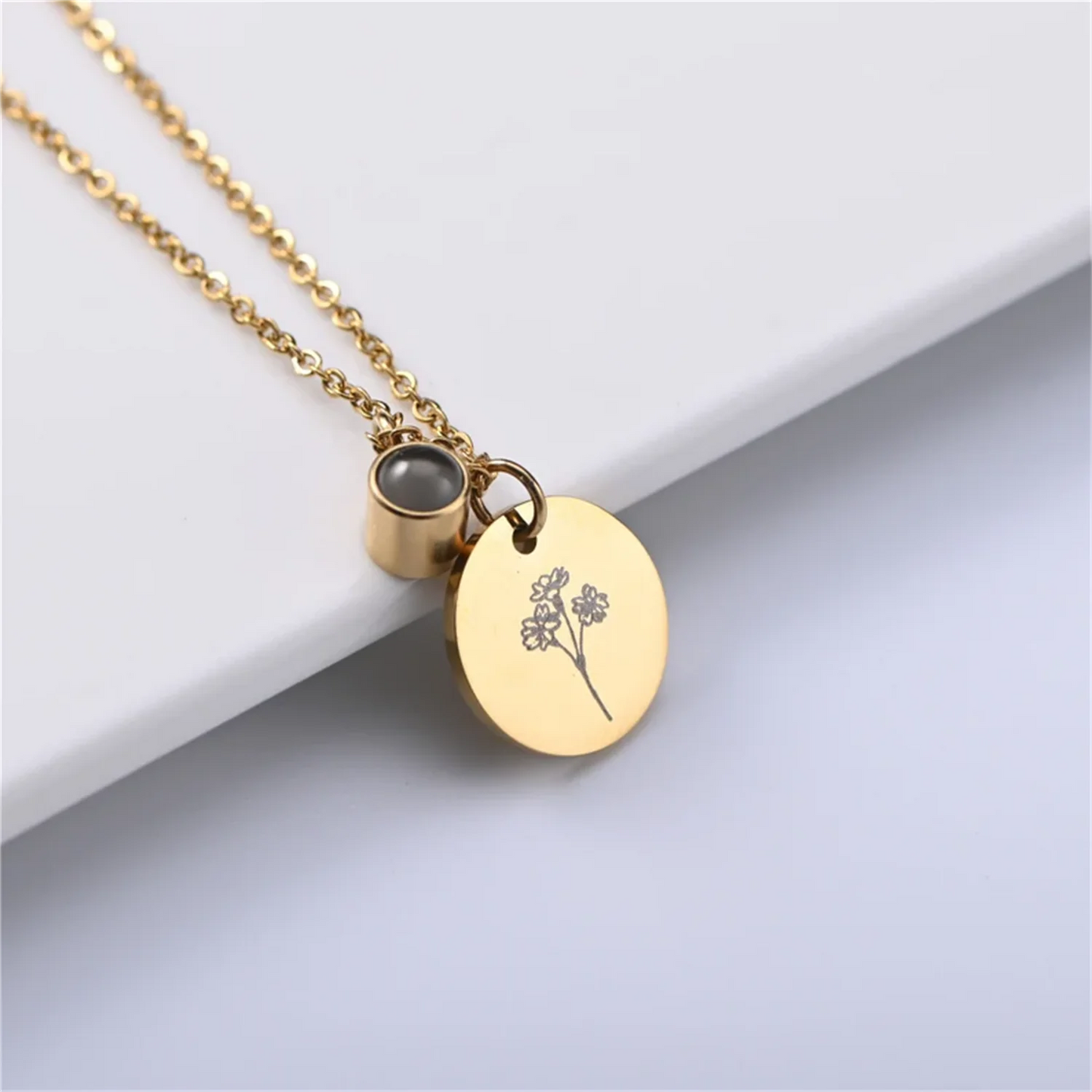 Personalized Photo Projection & Birth Flower Disc Necklace