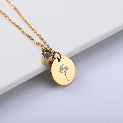 Personalized Photo Projection & Birth Flower Disc Necklace