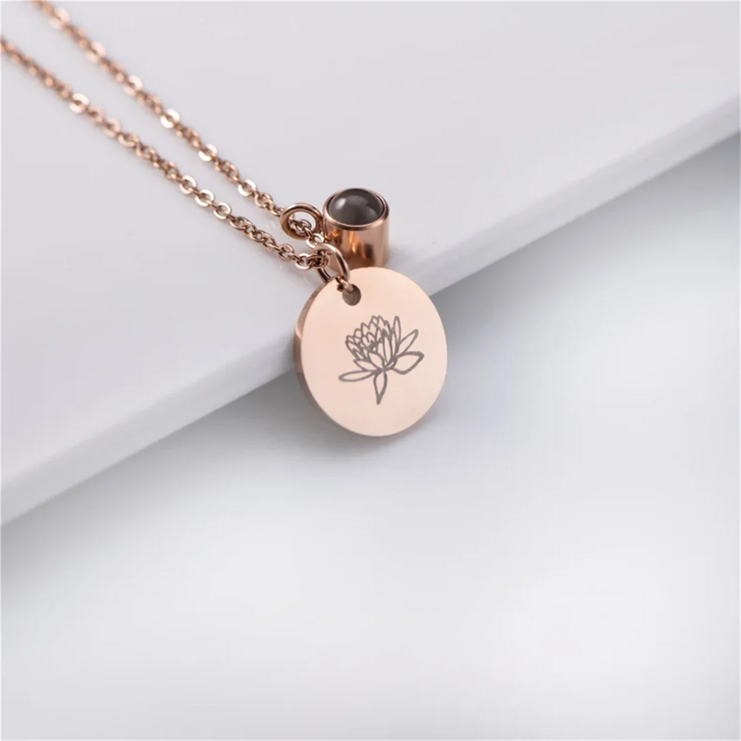 Personalized Photo Projection & Birth Flower Disc Necklace