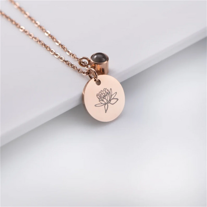 Personalized Photo Projection & Birth Flower Disc Necklace